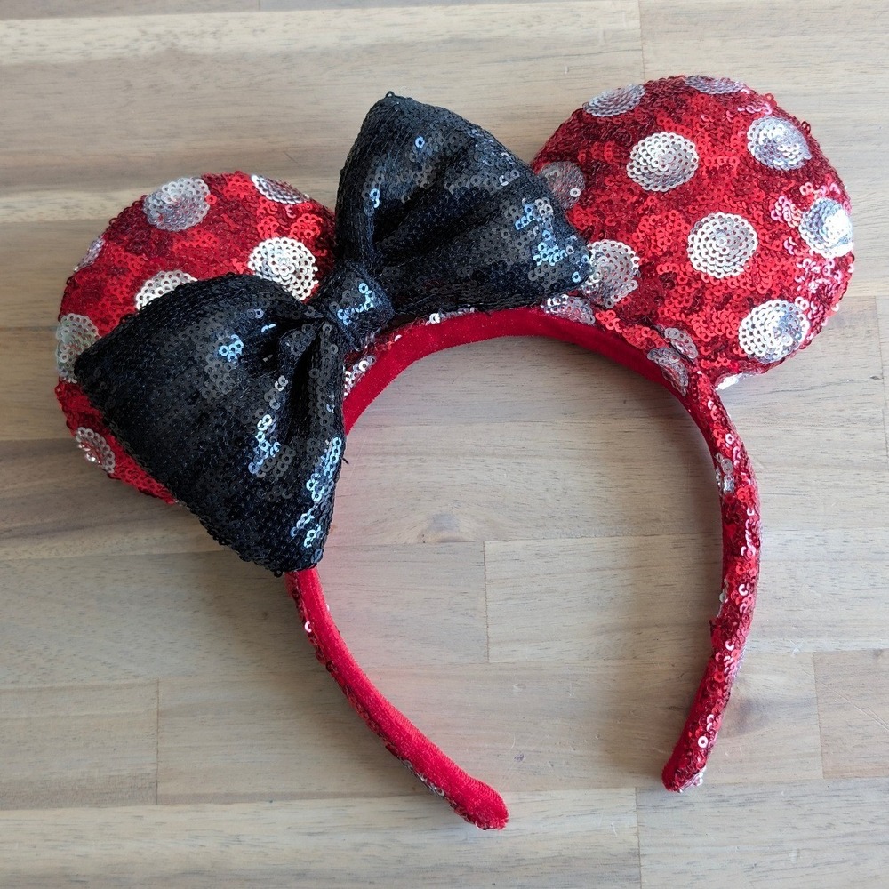 Disney‎ Minnie Mouse Red Silver Polka Dot Sequin Ears Headband Black Bow Kids